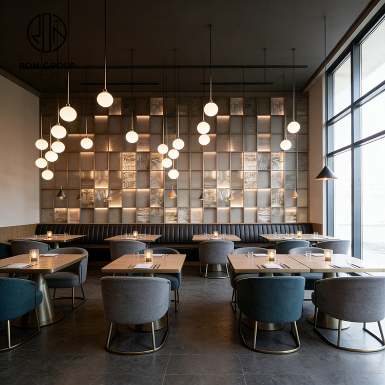 Modern High-End Restaurant Furniture Set with Square Sintered Stone Tables, Velvet Chairs and Black Leather Booth Seating