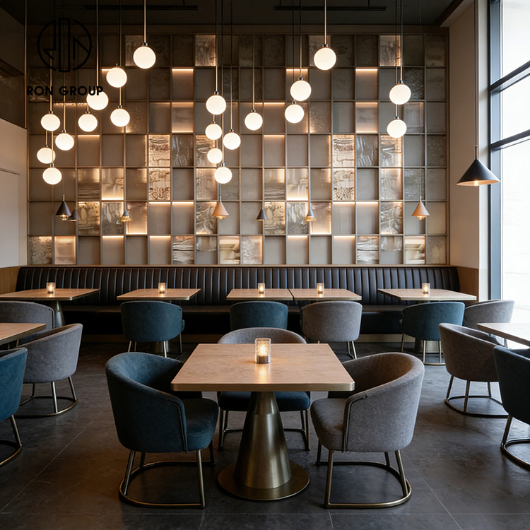 Modern High-End Restaurant Furniture Set with Square Sintered Stone Tables, Velvet Chairs and Black Leather Booth Seating