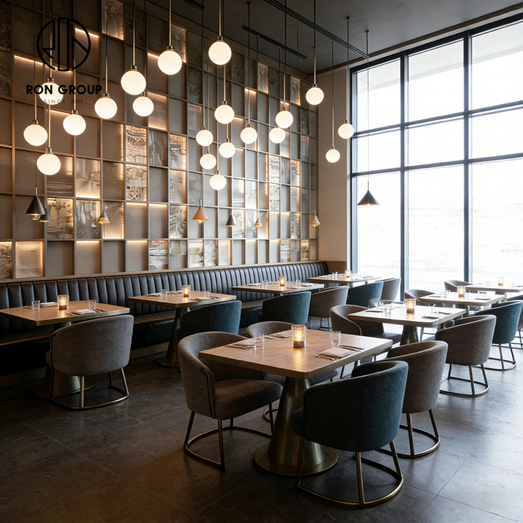 Modern High-End Restaurant Furniture Set with Square Sintered Stone Tables, Velvet Chairs and Black Leather Booth Seating