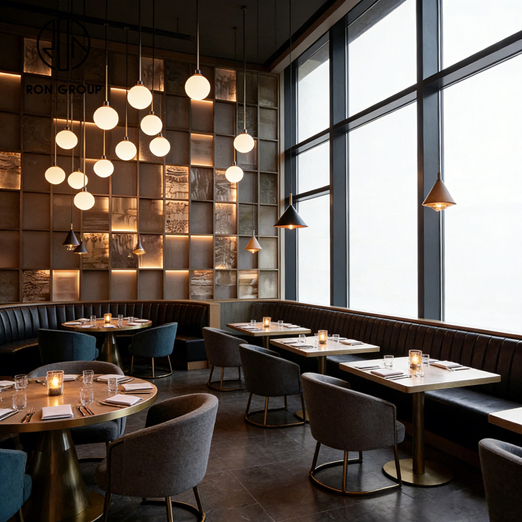 Modern High-End Restaurant Furniture Set with Square Sintered Stone Tables, Velvet Chairs and Black Leather Booth Seating