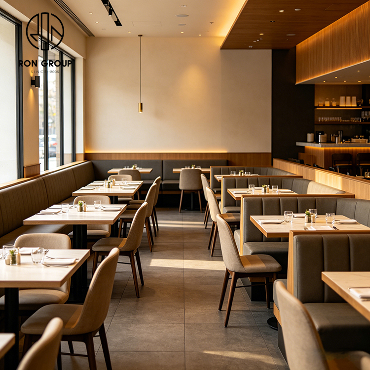 Classic Brown Leather Restaurant Booth Seating Set with Square Wood Tables and Wooden High Back Chairs