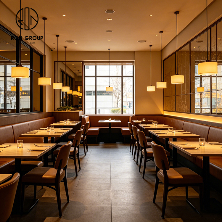 Classic Brown Leather Restaurant Booth Seating Set with Square Wood Tables and Wooden High Back Chairs