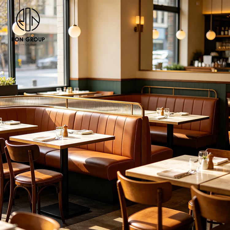 Classic Brown Leather Restaurant Booth Seating Set with Square Wood Tables and Wooden High Back Chairs