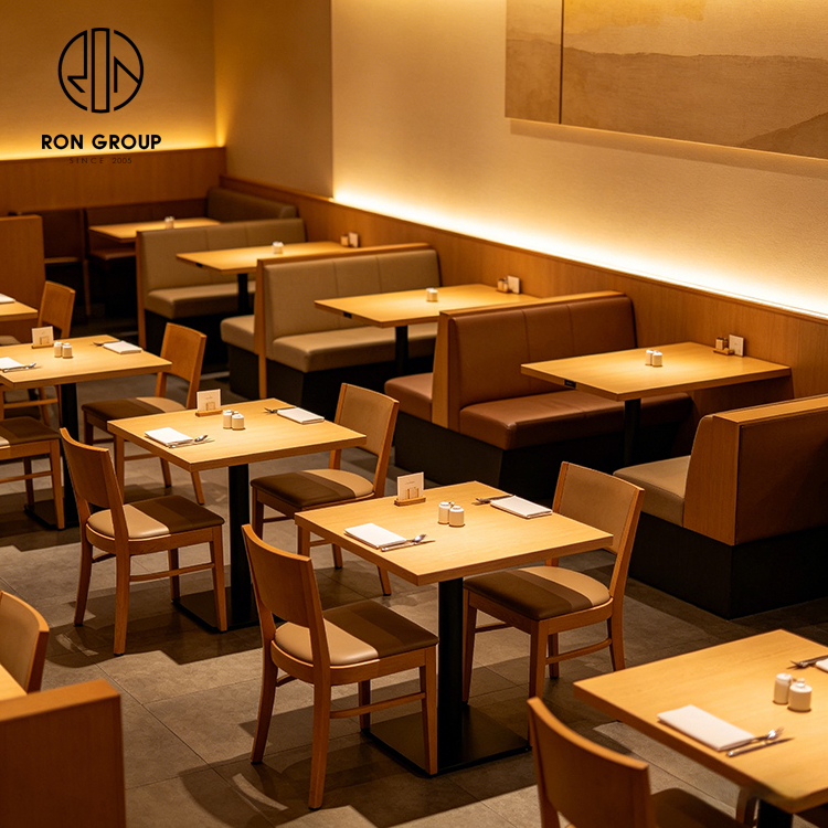 Classic Brown Leather Restaurant Booth Seating Set with Square Wood Tables and Wooden High Back Chairs