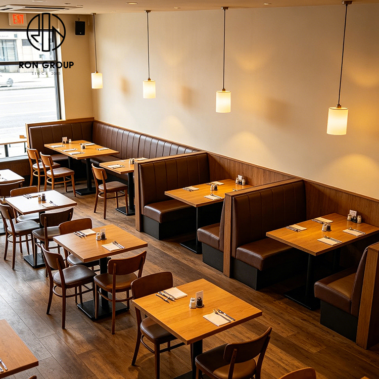 Classic Brown Leather Restaurant Booth Seating Set with Square Wood Tables and Wooden High Back Chairs