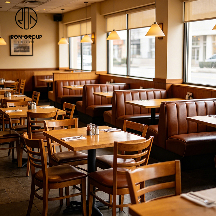 Classic Brown Leather Restaurant Booth Seating Set with Square Wood Tables and Wooden High Back Chairs
