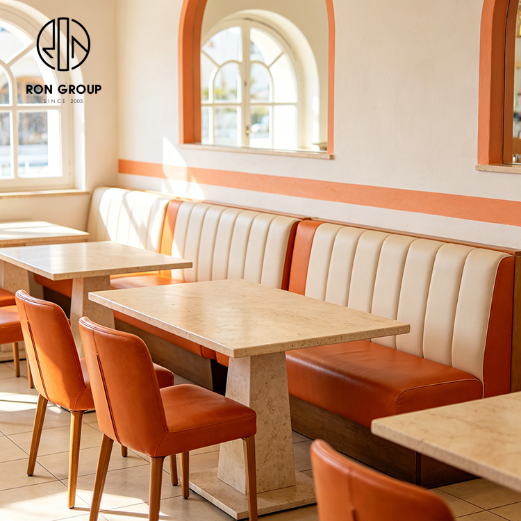 Modern Coastal Restaurant Furniture Set with Cream Leather Booth Seating, Square Terrazzo Tables and Orange Dining Chairs