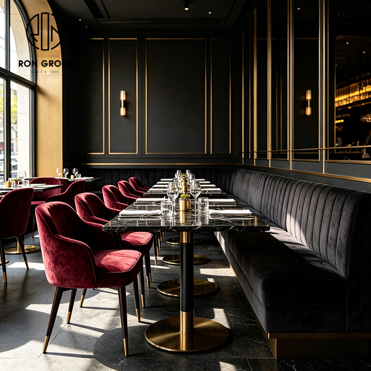 Luxury Black Velvet L-Shaped Restaurant Booth Seating Set with Black Sintered Stone Tables and Burgundy Chairs