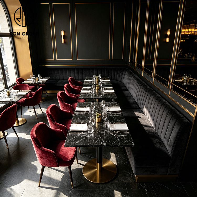 Luxury Black Velvet L-Shaped Restaurant Booth Seating Set with Black Sintered Stone Tables and Burgundy Chairs