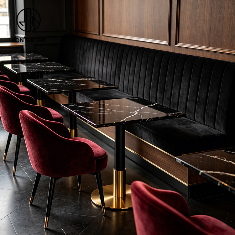 Luxury Black Velvet L-Shaped Restaurant Booth Seating Set with Black Sintered Stone Tables and Burgundy Chairs