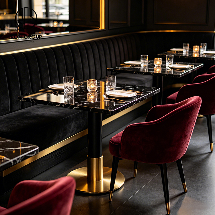 Luxury Black Velvet L-Shaped Restaurant Booth Seating Set with Black Sintered Stone Tables and Burgundy Chairs