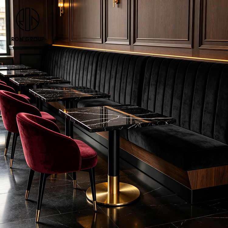 Luxury Black Velvet L-Shaped Restaurant Booth Seating Set with Black Sintered Stone Tables and Burgundy Chairs