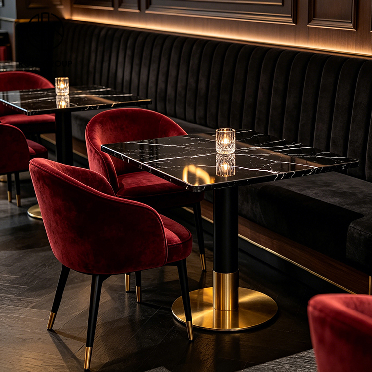 Luxury Black Velvet L-Shaped Restaurant Booth Seating Set with Black Sintered Stone Tables and Burgundy Chairs
