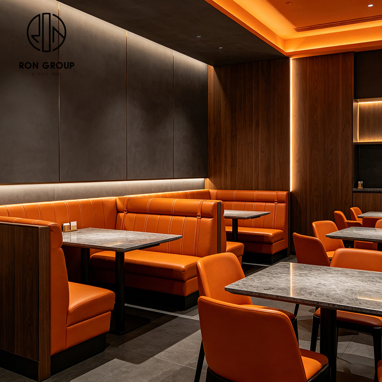 Modern Orange Leather Restaurant Booth Seating Set with Sintered Stone Tables and Matching Dining Chairs