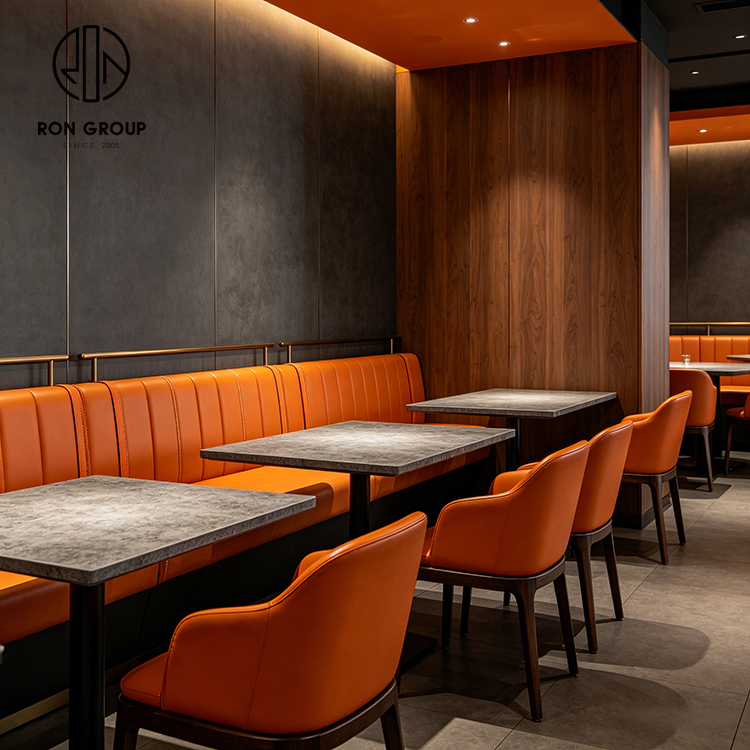 Modern Orange Leather Restaurant Booth Seating Set with Sintered Stone Tables and Matching Dining Chairs