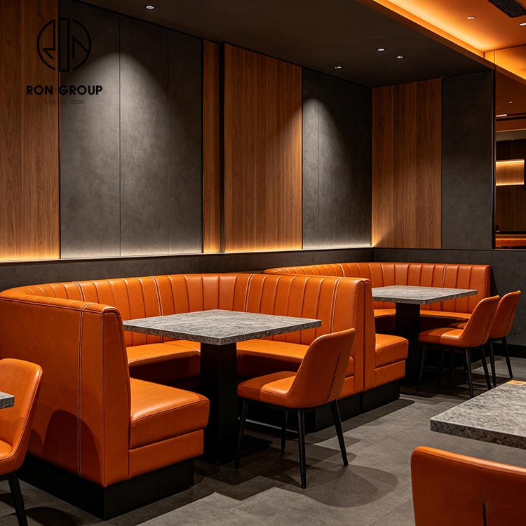 Modern Orange Leather Restaurant Booth Seating Set with Sintered Stone Tables and Matching Dining Chairs