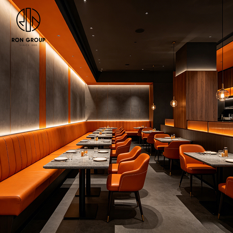 Modern Orange Leather Restaurant Booth Seating Set with Sintered Stone Tables and Matching Dining Chairs