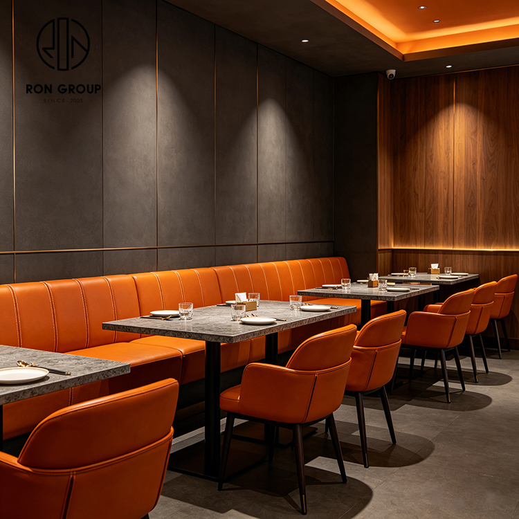 Modern Orange Leather Restaurant Booth Seating Set with Sintered Stone Tables and Matching Dining Chairs