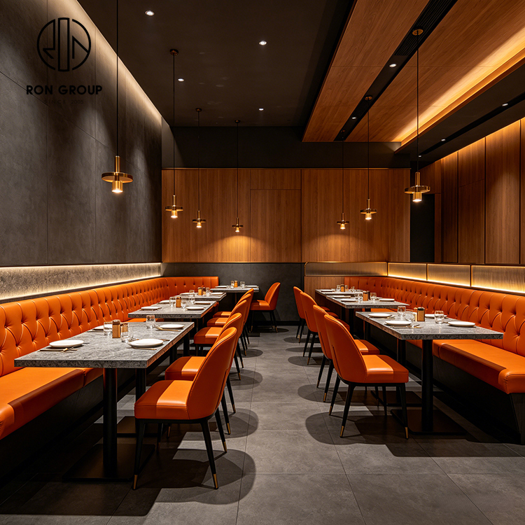 Modern Orange Leather Restaurant Booth Seating Set with Sintered Stone Tables and Matching Dining Chairs