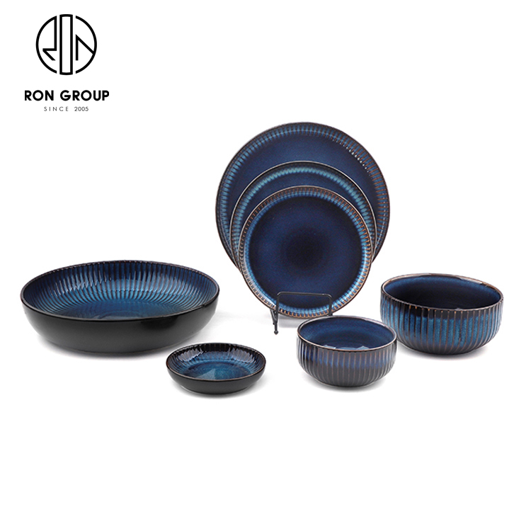 Deep Blue Reactive-Glaze Ceramic Dinnerware Set for Restaurants