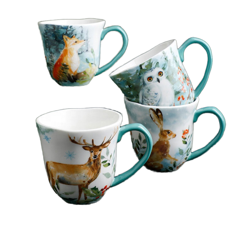 Hand-Painted Forest Animal Pattern Bone China Mug - Creative Nordic Winter Collection