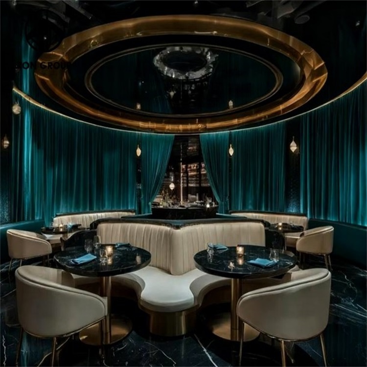 Luxury Curved Leather Banquette Seating Set With Black Marble Tables Gold Bases And Teal Velvet Chairs
