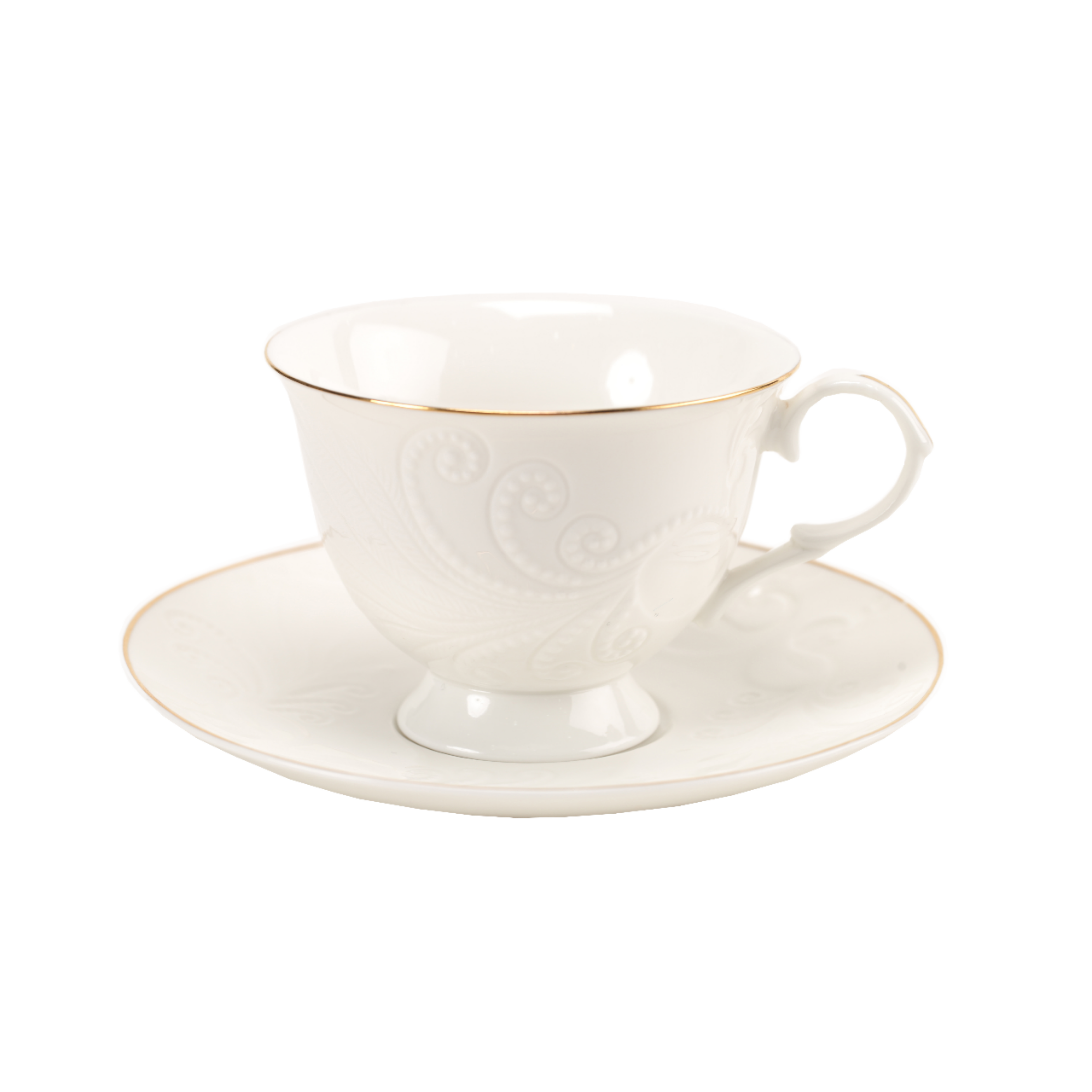 Elegant English Style White Porcelain Tea Cup & Saucer - Embossed Lace Design with Gold Rim