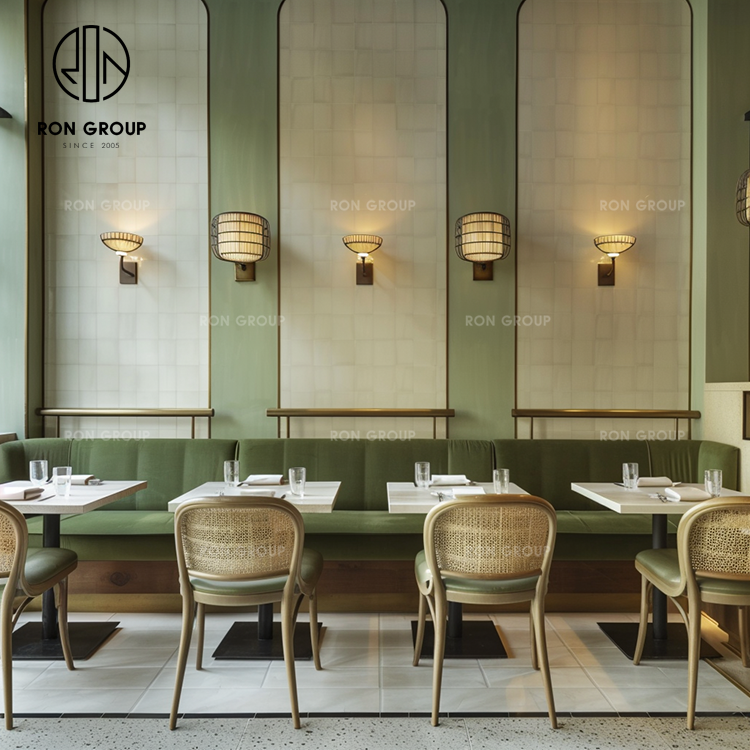 Nordic Green Velvet Booth Bench Seating with Rattan Chairs for Café and Restaurant Use