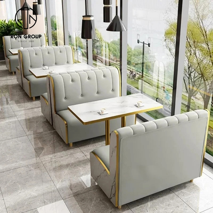 Luxury Marble Look Booth Seating Set With Gold Base Tables And Upholstered Chairs For Cafes