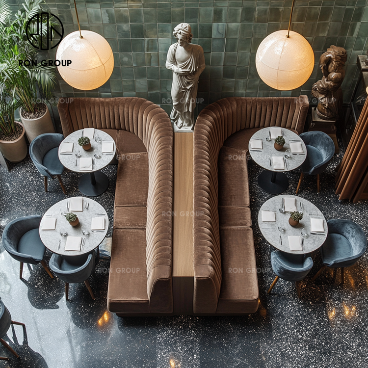 Half Circle Booth Seating Set With Walnut Wood Base Velvet Upholstery Round Marble Tables For Restaurant