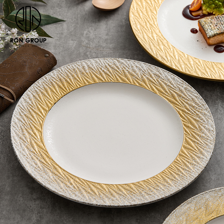 Cheaper Price Golden Round Ceramic Tableware Dinnerware  8.5/12 Inch Food Dinner Serving Plate for Commercial Dinner Cutlery