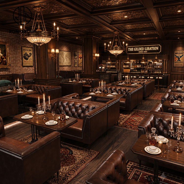 Vintage Brown Tufted Leather Restaurant Booth Seating Set with Solid Wood Tables and Upholstered Dining Chairs