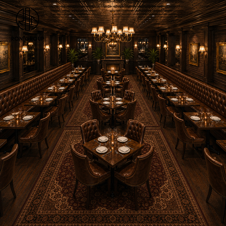Vintage Brown Tufted Leather Restaurant Booth Seating Set with Solid Wood Tables and Upholstered Dining Chairs