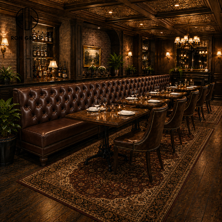 Vintage Brown Tufted Leather Restaurant Booth Seating Set with Solid Wood Tables and Upholstered Dining Chairs