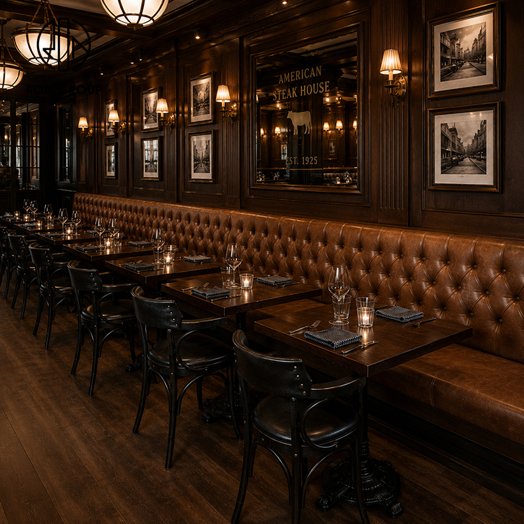 American Steakhouse Brown Tufted Leather Booth Seating Set with Square Wood Tables and Black Dining Chairs