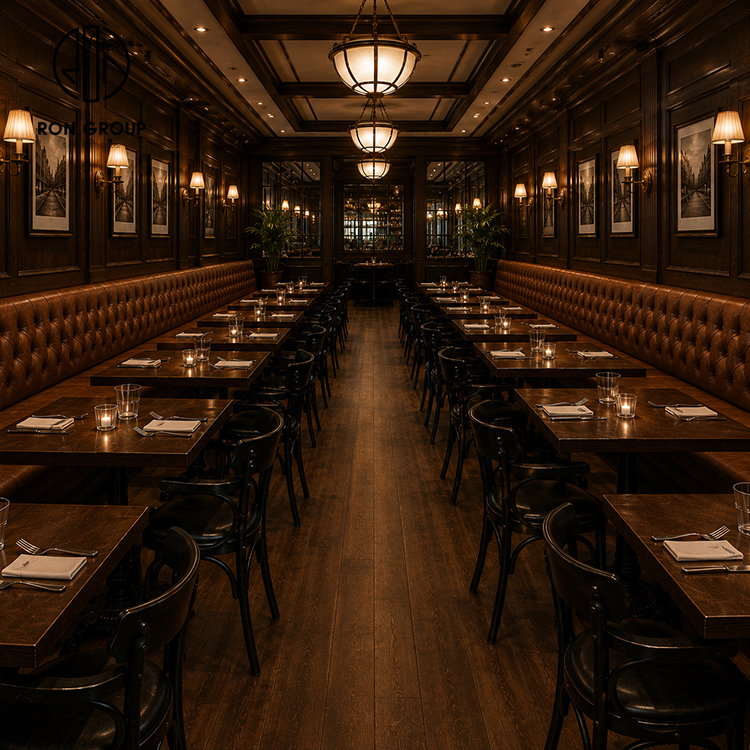 American Steakhouse Brown Tufted Leather Booth Seating Set with Square Wood Tables and Black Dining Chairs