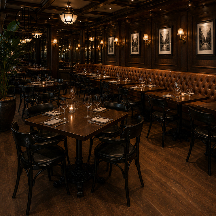 American Steakhouse Brown Tufted Leather Booth Seating Set with Square Wood Tables and Black Dining Chairs