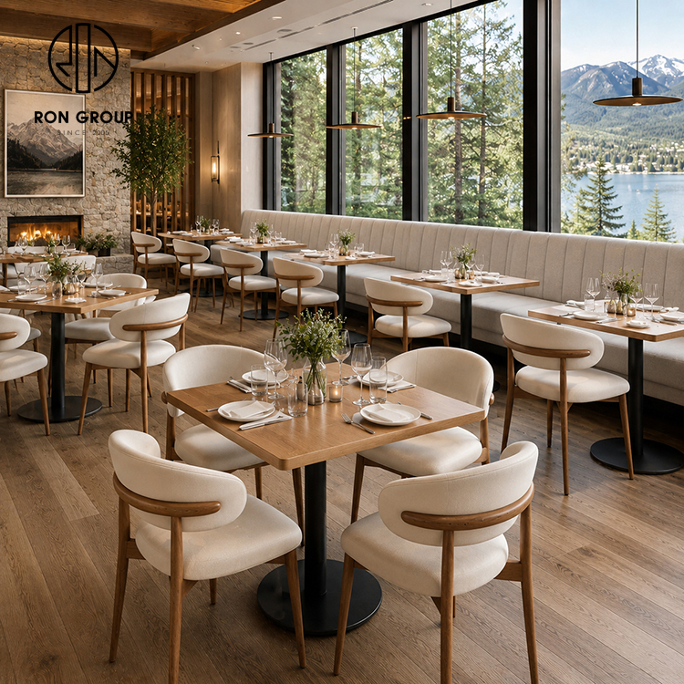Modern Natural Wood Restaurant Furniture Set with Upholstered Dining Chairs and Cream Fabric Booth Seating