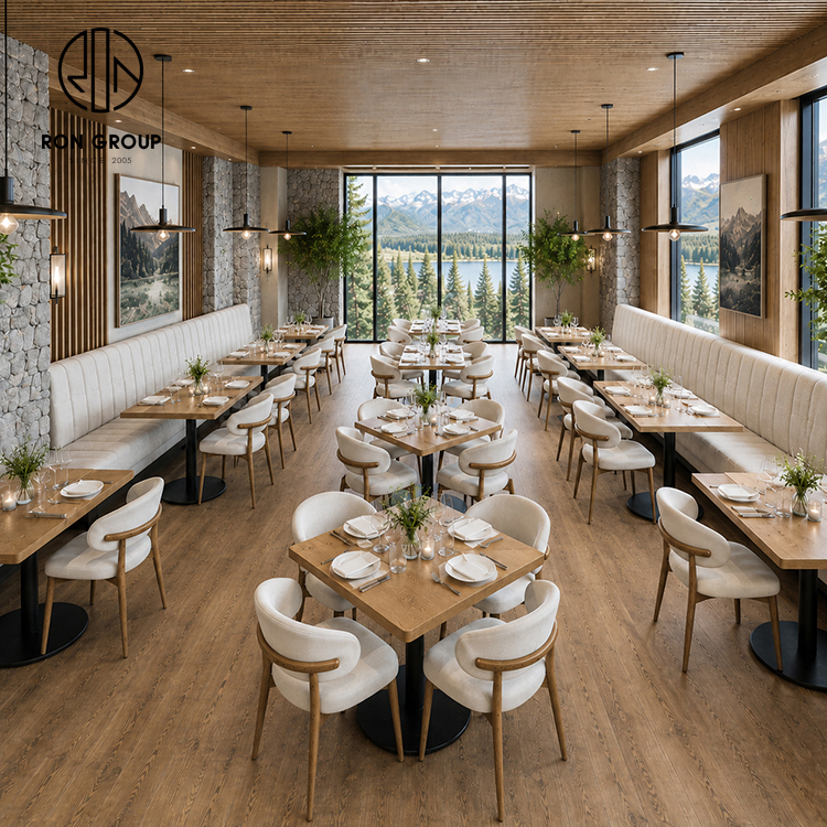 Modern Natural Wood Restaurant Furniture Set with Upholstered Dining Chairs and Cream Fabric Booth Seating