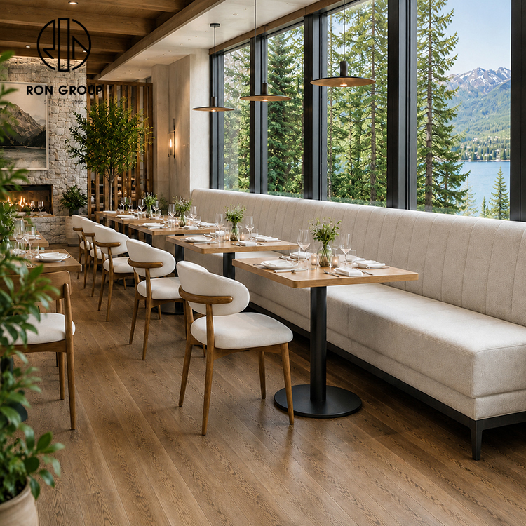Modern Natural Wood Restaurant Furniture Set with Upholstered Dining Chairs and Cream Fabric Booth Seating