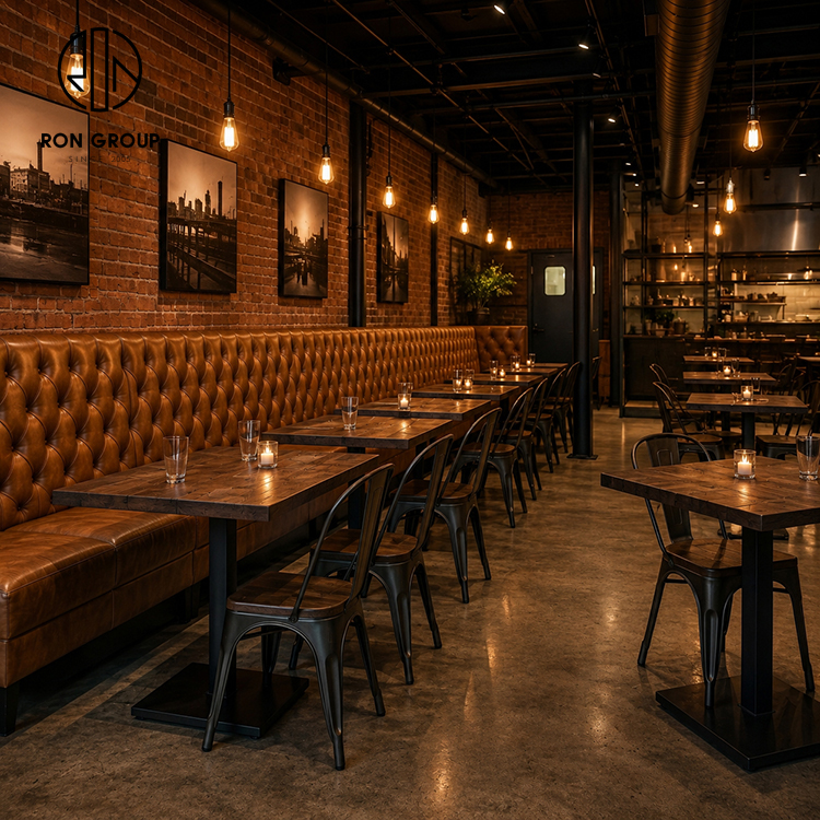 Industrial Brown Tufted Leather Restaurant Booth Seating Set with Square Wood Tables and Black Metal Chairs