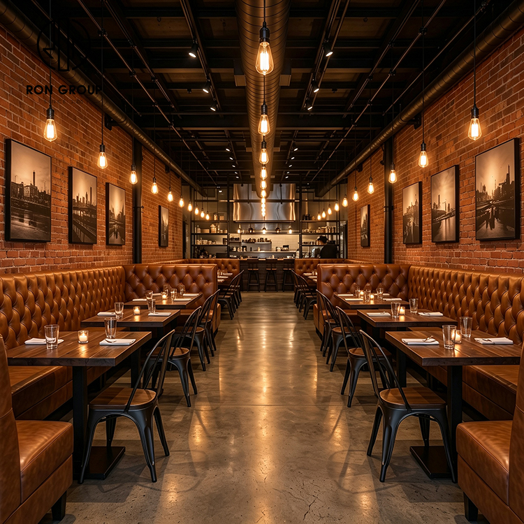 Industrial Brown Tufted Leather Restaurant Booth Seating Set with Square Wood Tables and Black Metal Chairs