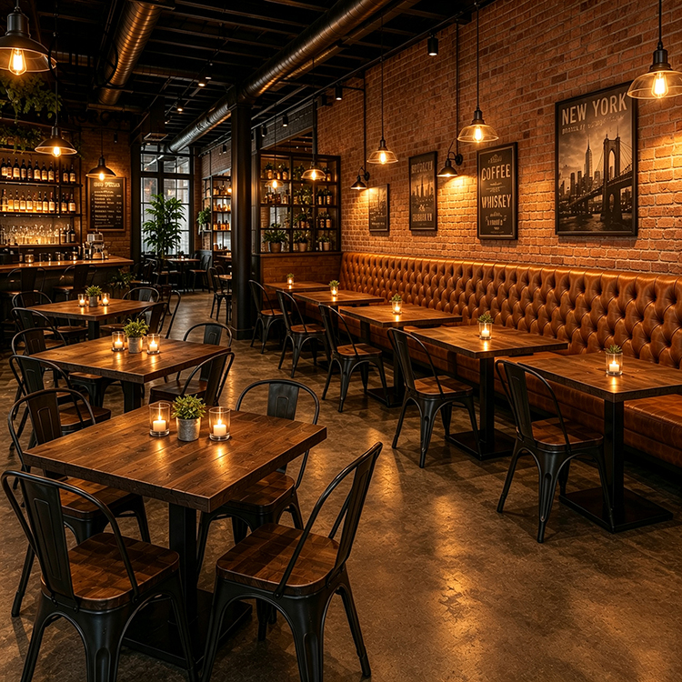 Industrial Brown Tufted Leather Restaurant Booth Seating Set with Square Wood Tables and Black Metal Chairs