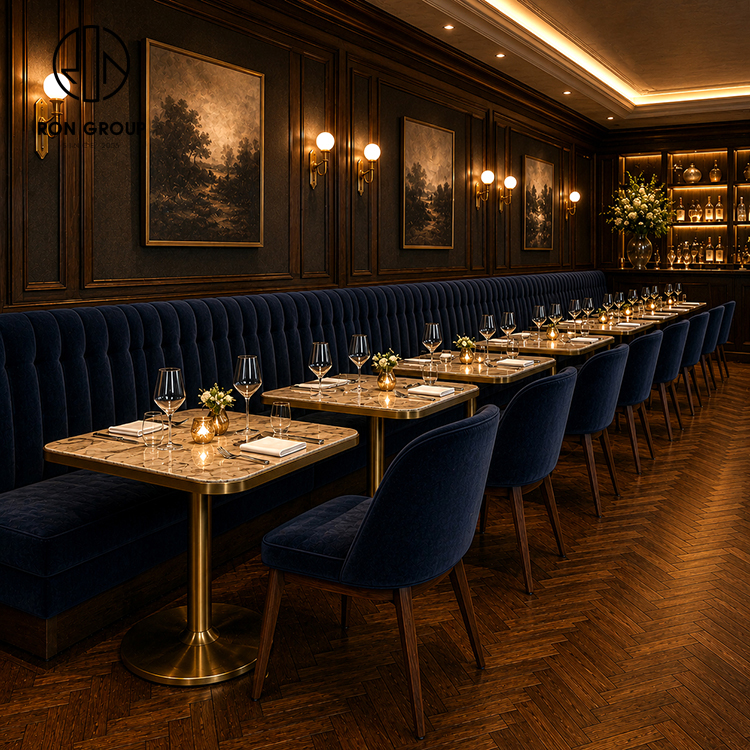 Elegant Navy Velvet Restaurant Booth Seating Set with Marble Tables and Upholstered Dining Chairs