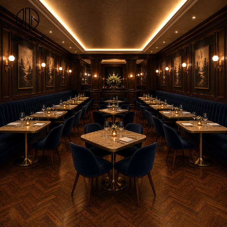 Elegant Navy Velvet Restaurant Booth Seating Set with Marble Tables and Upholstered Dining Chairs