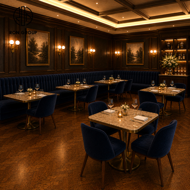 Elegant Navy Velvet Restaurant Booth Seating Set with Marble Tables and Upholstered Dining Chairs