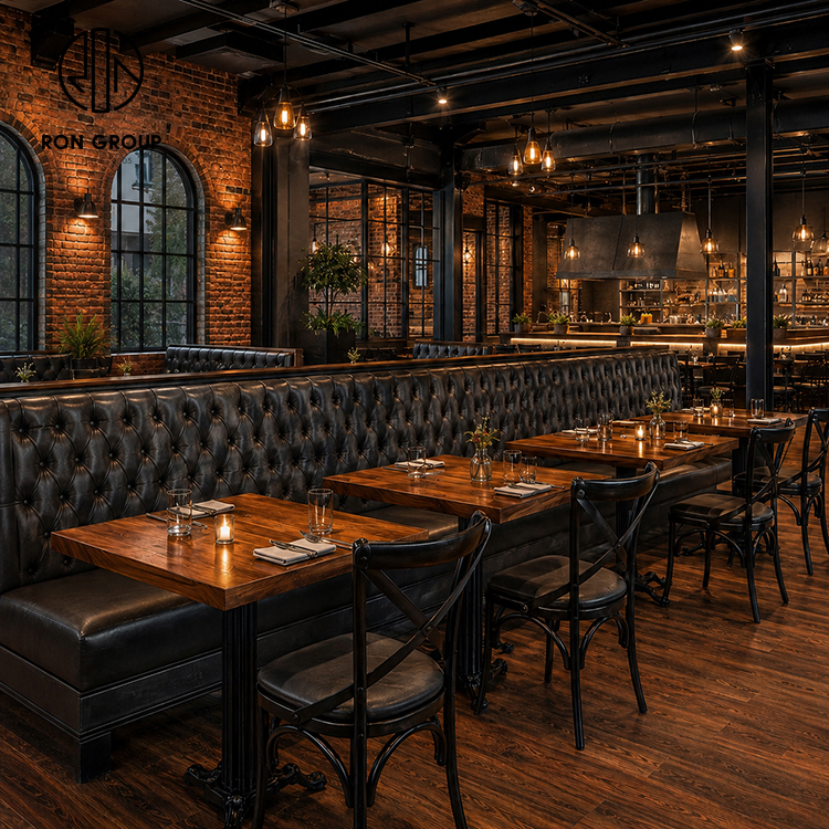 Industrial Black Tufted Leather Restaurant Booth Seating Set with Square Wood Tables and Cross Back Dining Chairs