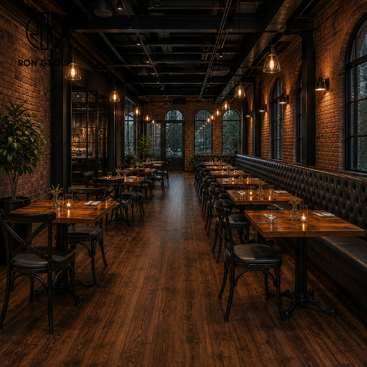 Industrial Black Tufted Leather Restaurant Booth Seating Set with Square Wood Tables and Cross Back Dining Chairs