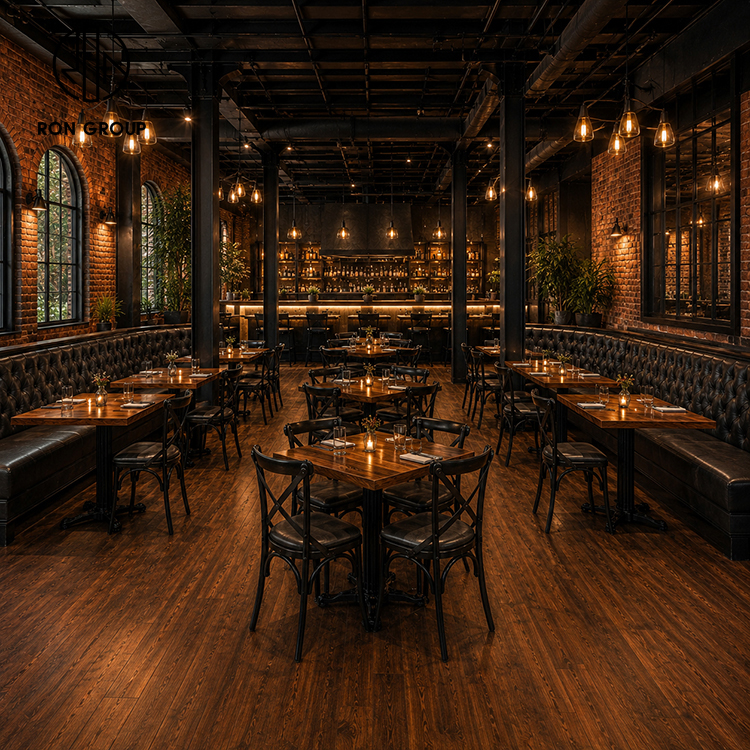 Industrial Black Tufted Leather Restaurant Booth Seating Set with Square Wood Tables and Cross Back Dining Chairs