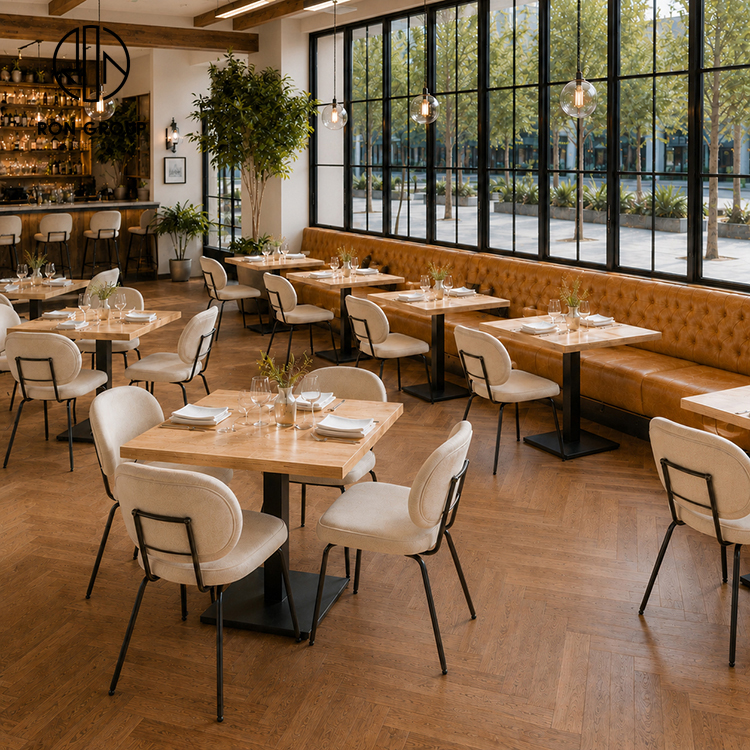 Modern Tufted Brown Leather Restaurant Booth Seating Set with Square Wood Tables and Cream Upholstered Chairs